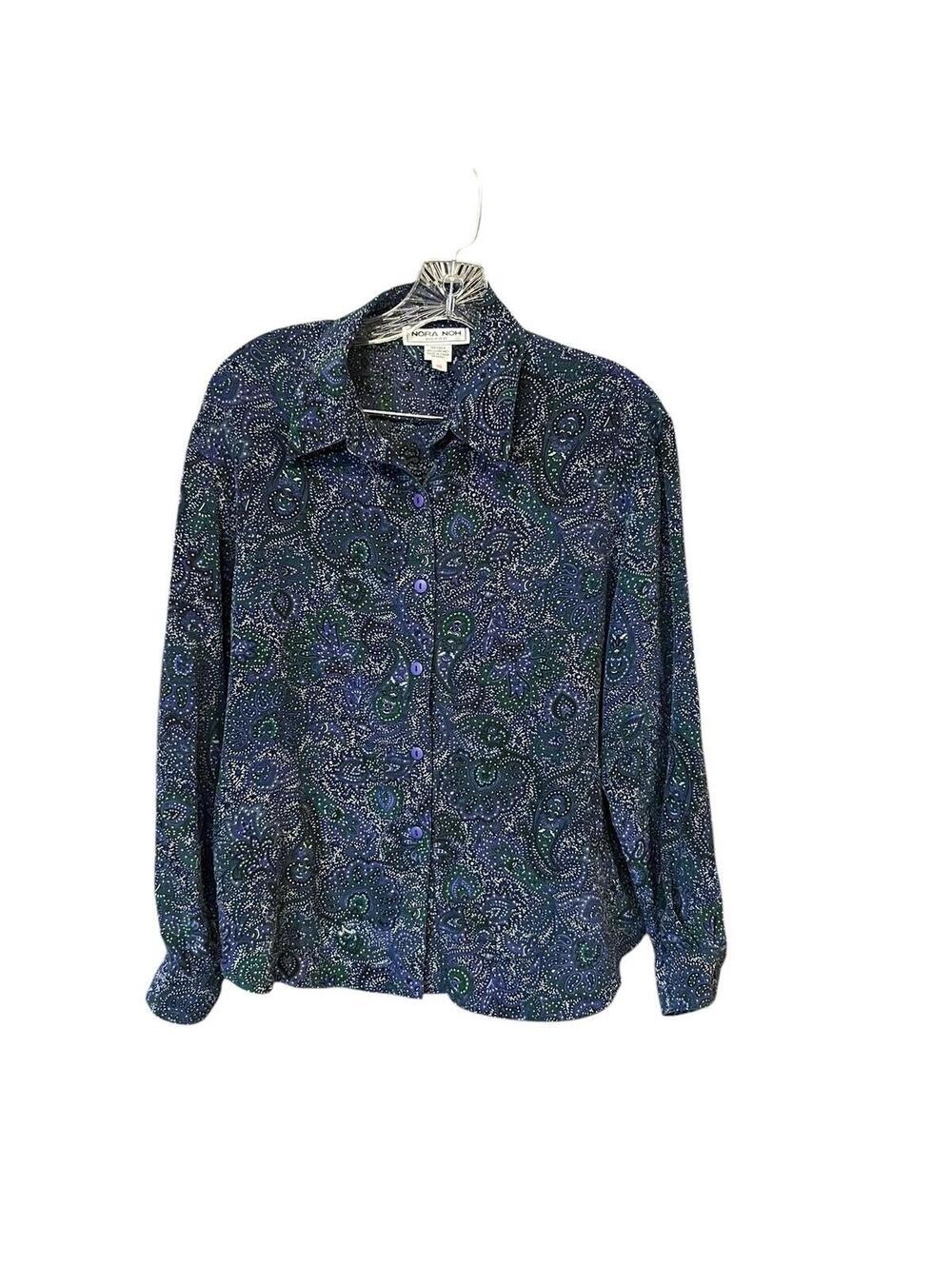 Nora Noh vintage silk blouse women 10 petite paisley green purple button up
